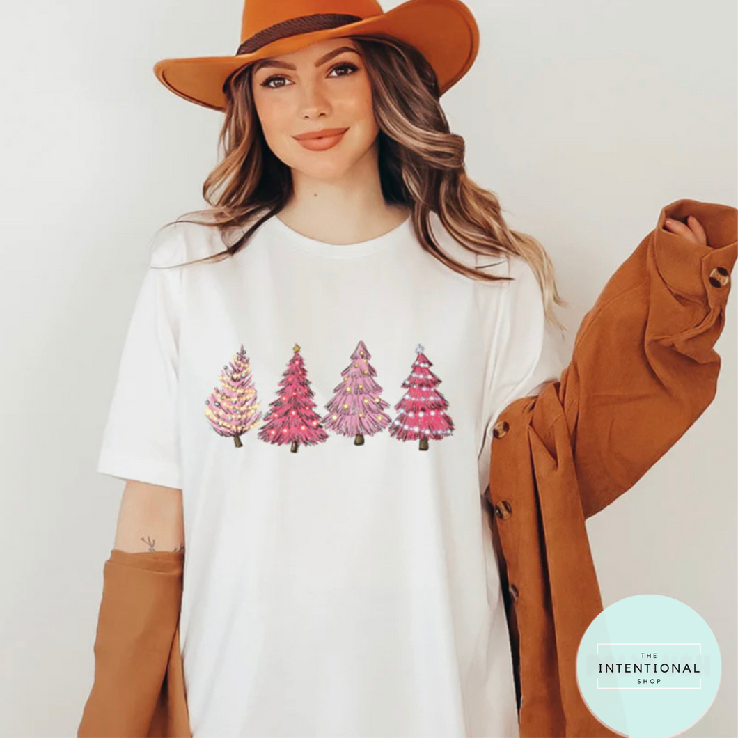 Pink Christmas Trees Christmas Shirt. Christmas graphic tee