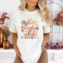 Load image into Gallery viewer, Fall t-shirt. Thick Thighs Fall Vibes graphic tee
